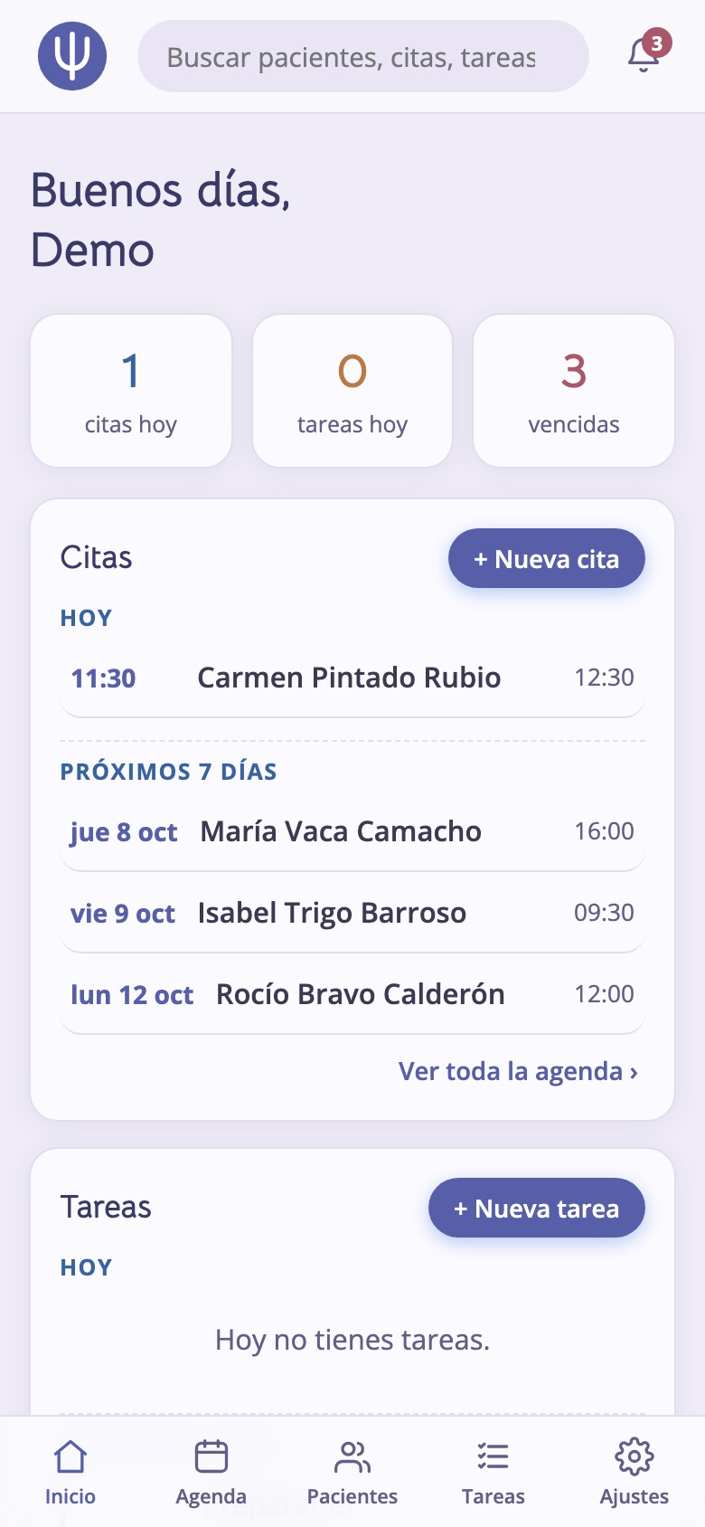 Consulta: Inicio del día: citas, tareas y avisos vencidos