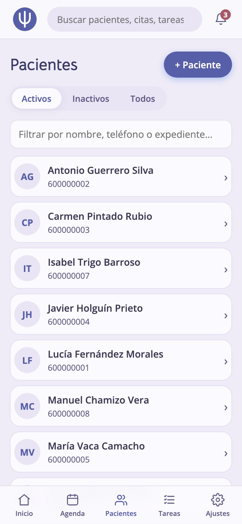 Listado de pacientes activos e inactivos