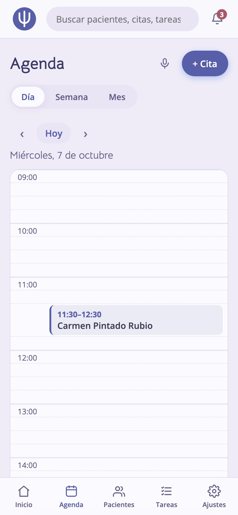 Agenda por día, semana o mes, con citas por voz