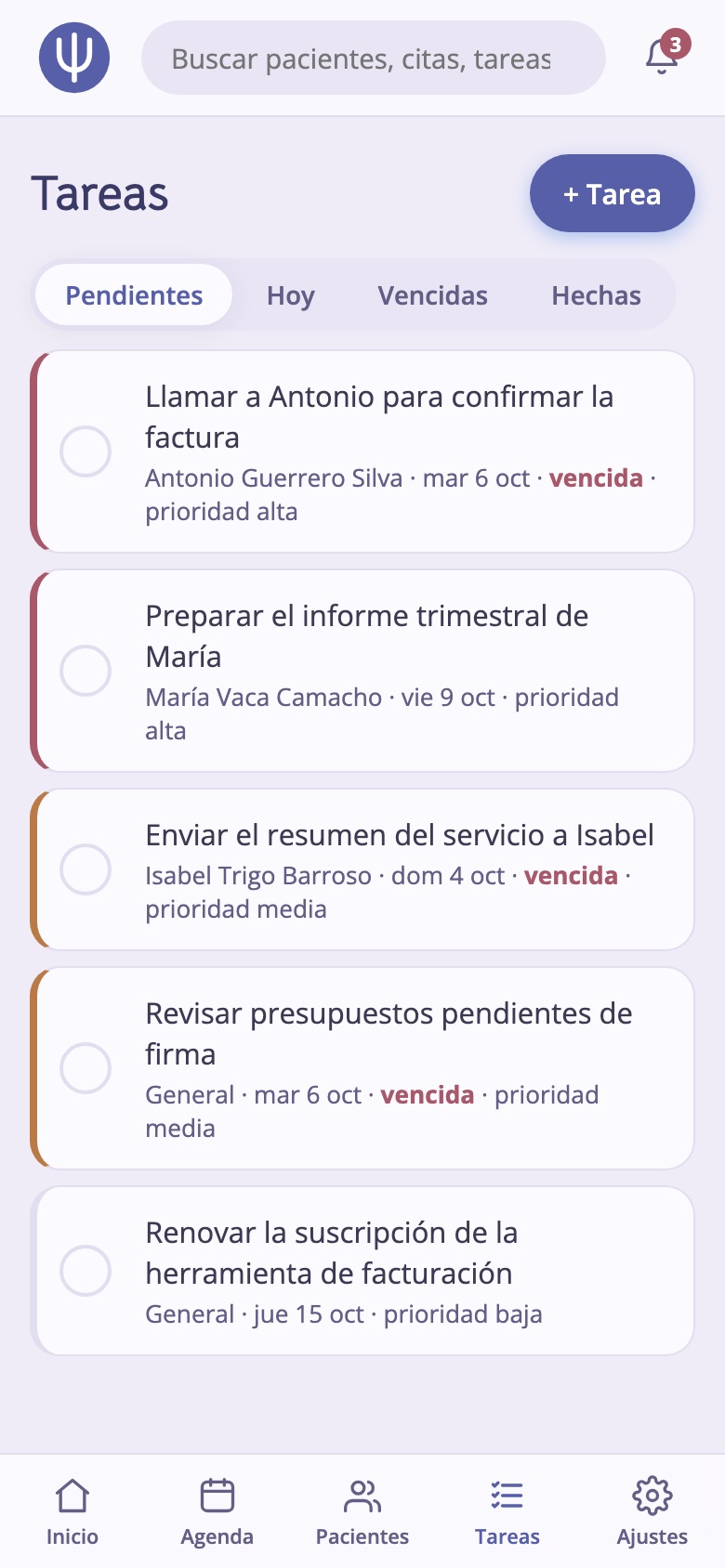 Tareas pendientes con prioridad y vencimiento