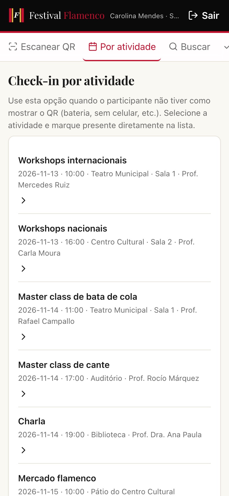 Check-in por actividad desde el móvil del staff