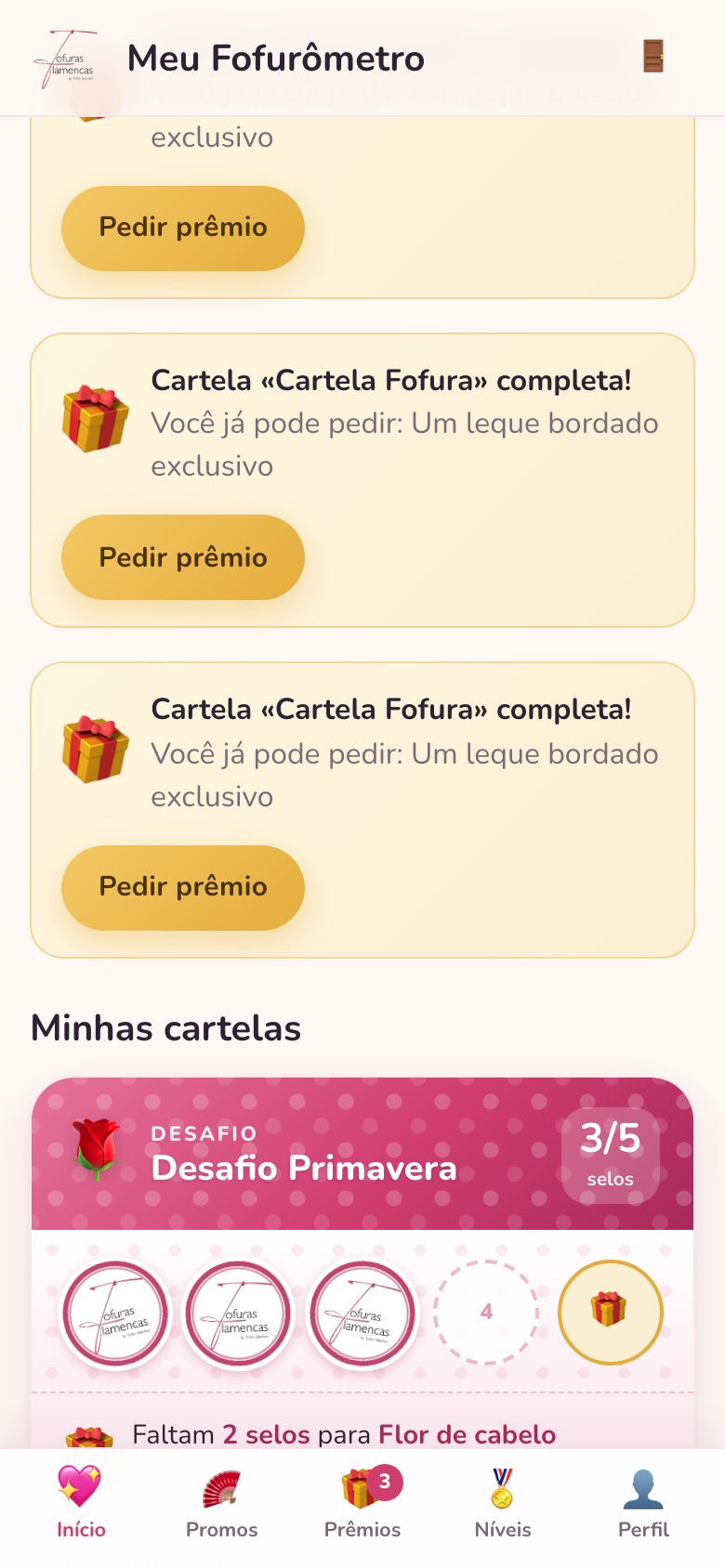 Premios disponibles y tarjetas en curso