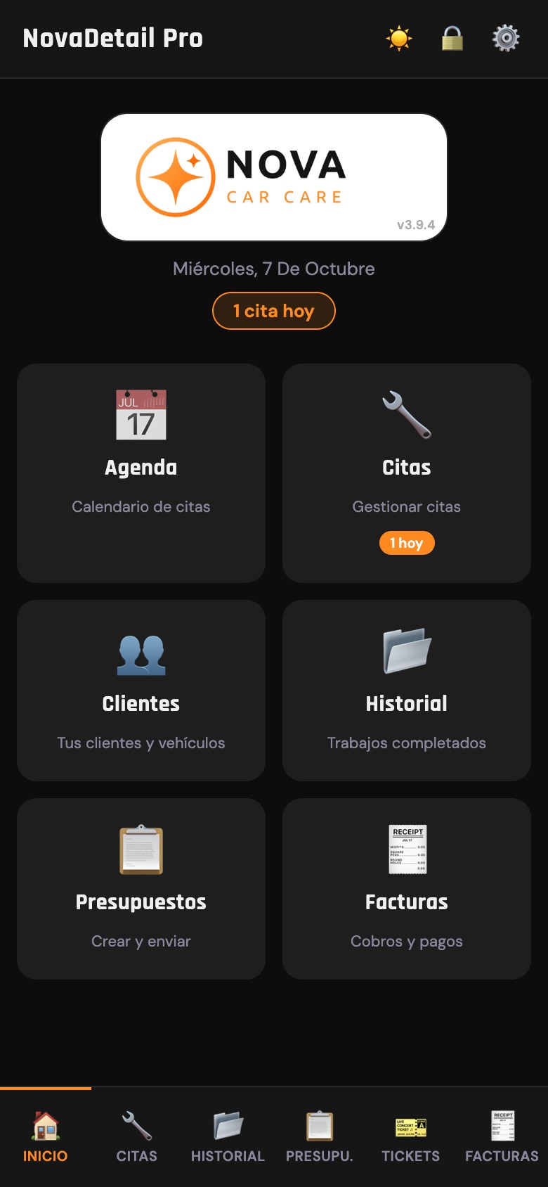 NovaDetail Pro: Inicio con las citas del día y acceso a cada sección