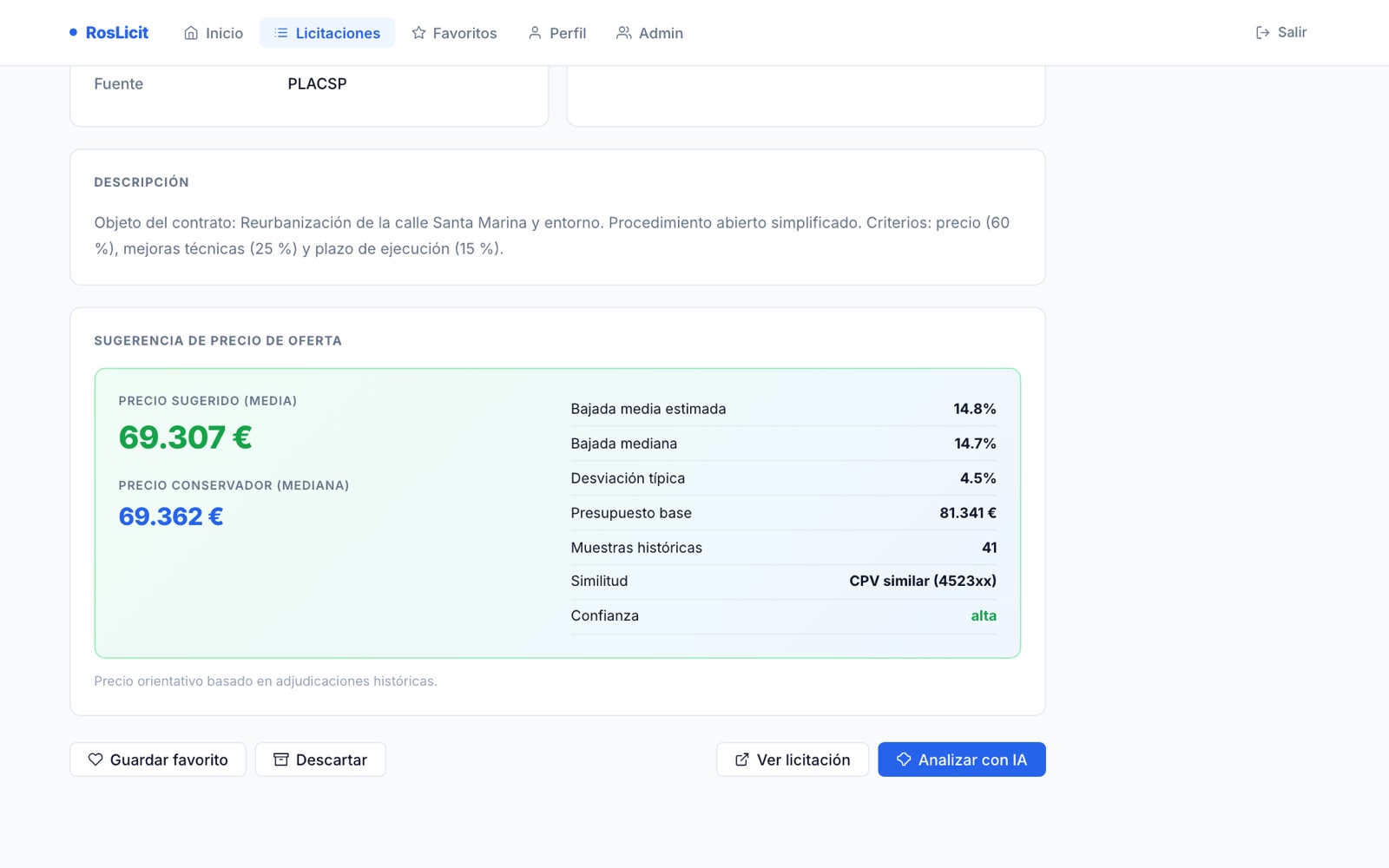 Precio de oferta sugerido a partir de adjudicaciones históricas