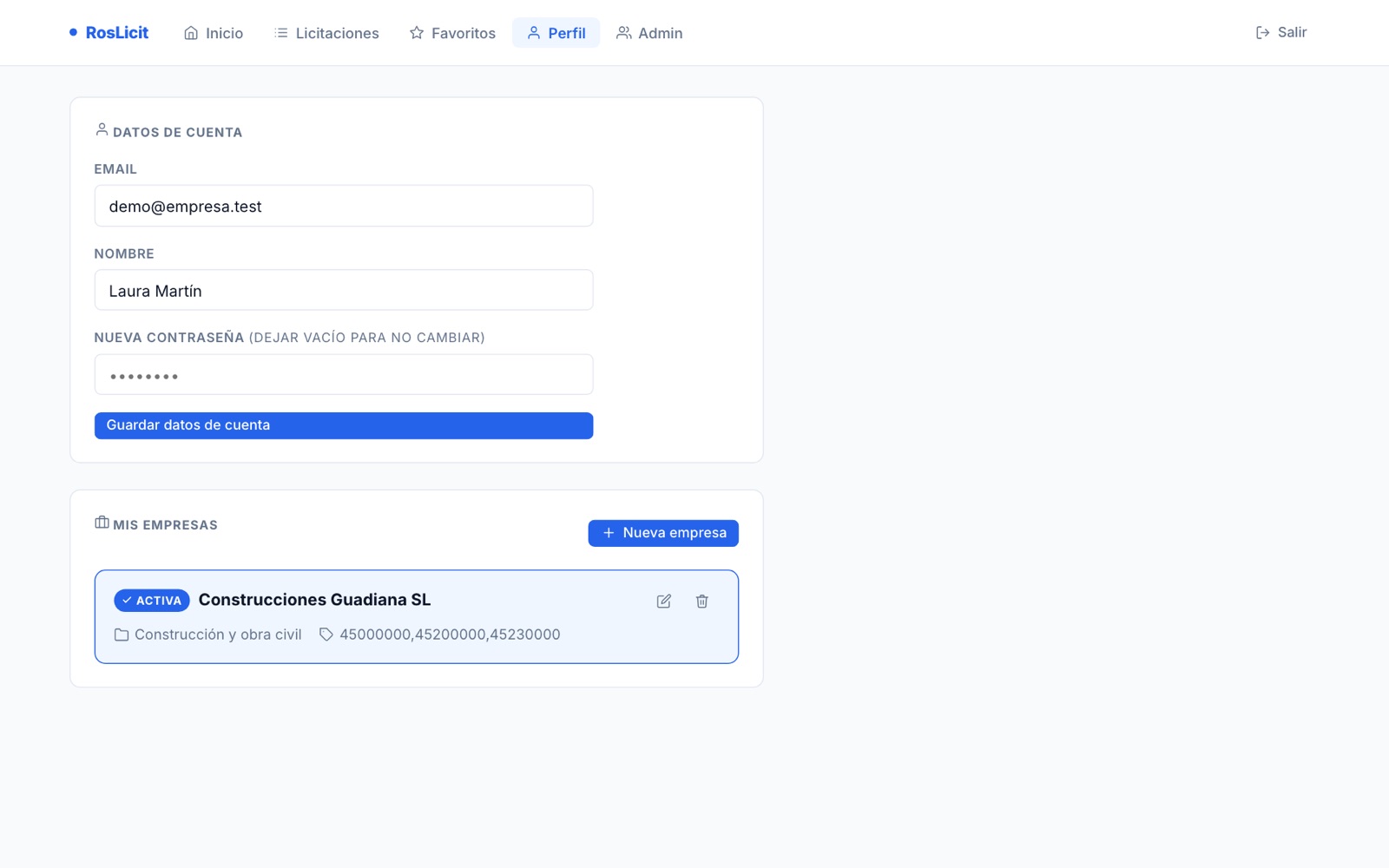 Perfil con las empresas y sus códigos de actividad