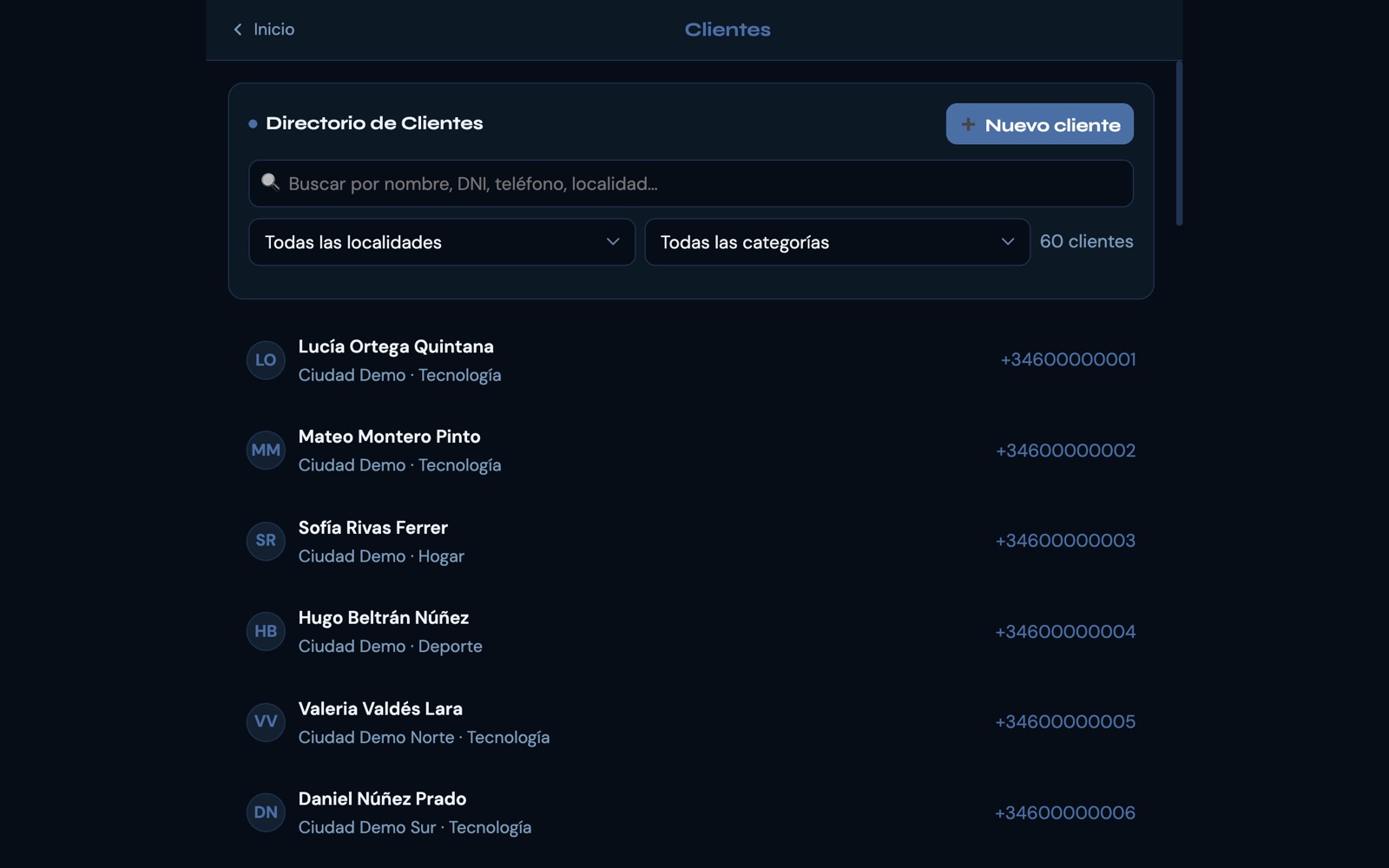 Tienda: Directorio de clientes con filtros por localidad y categoría