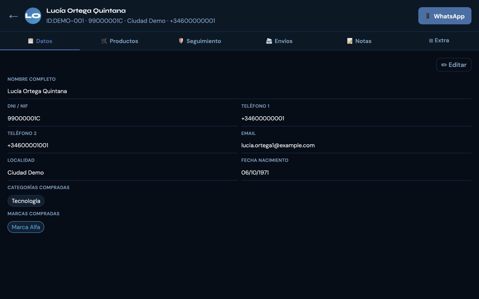 Ficha del cliente: datos, productos, seguimiento, envíos y notas