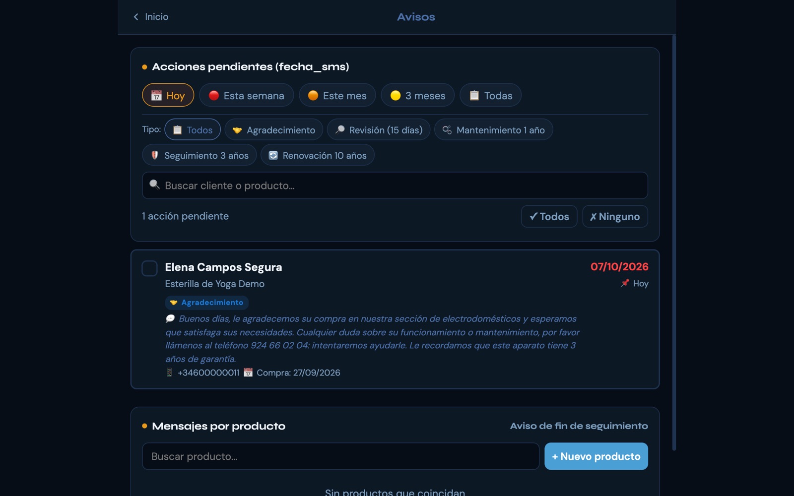 Avisos pendientes: agradecimientos y seguimientos de compra